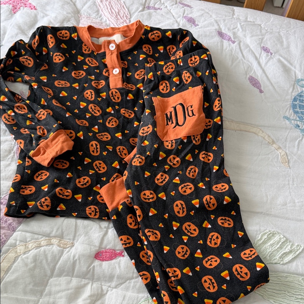 Smockingbird initialed Halloween Pumpkin Pajama Set